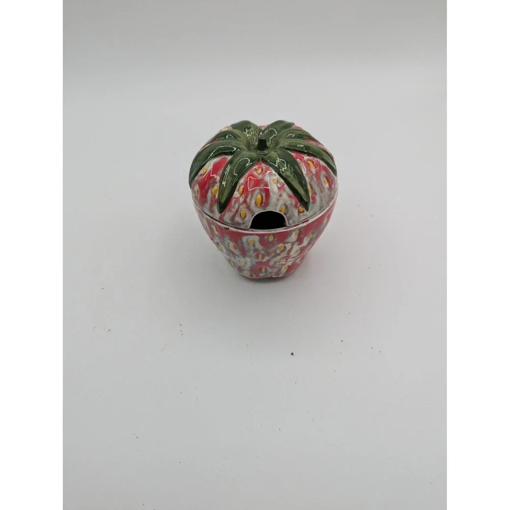 Vintage Signed Lana Ceramic Strawberry Jam Jar with Lid Red Fruit Sugar Bowl